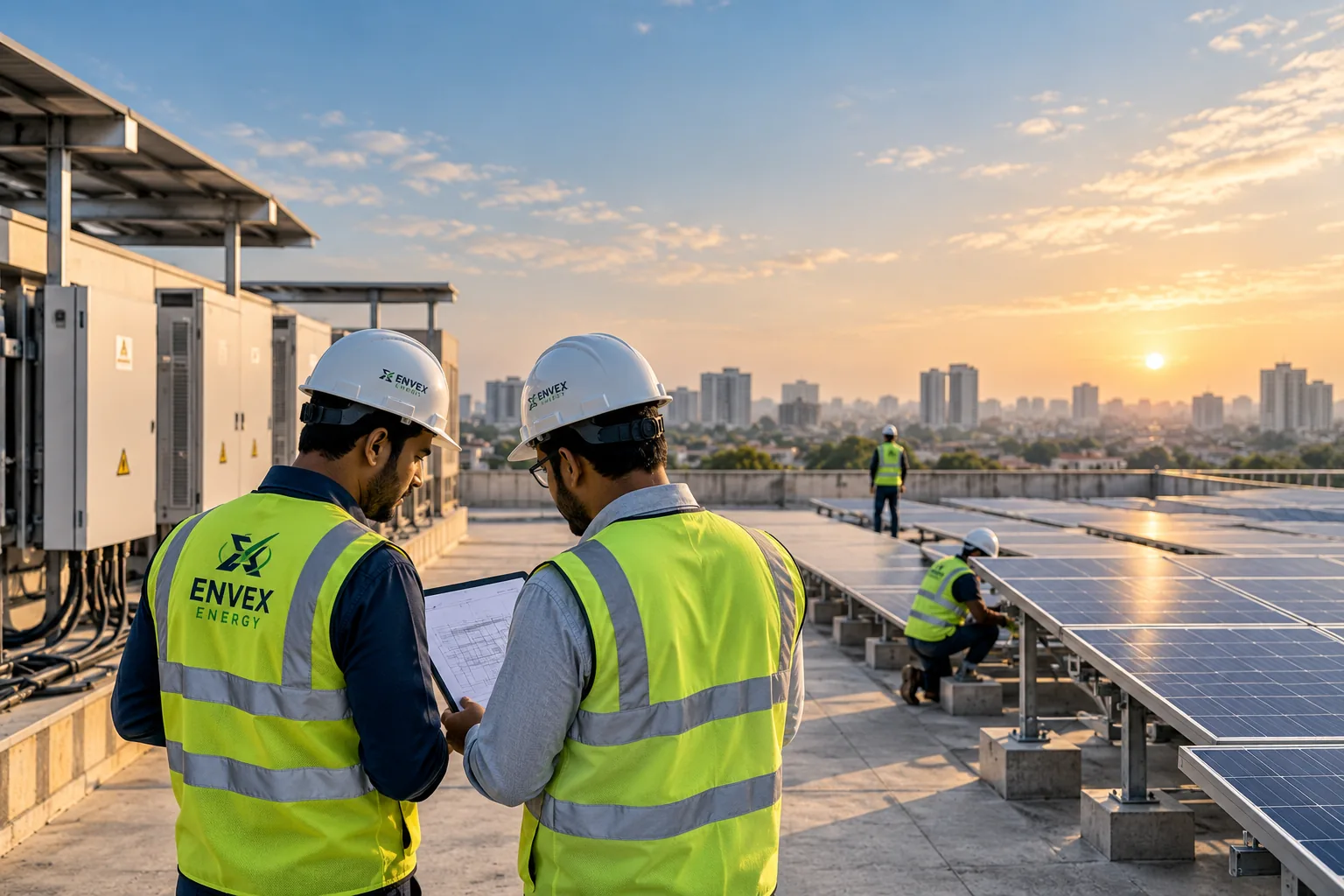 Engineers reviewing drawings on a rooftop while a crew installs panel rows behind them