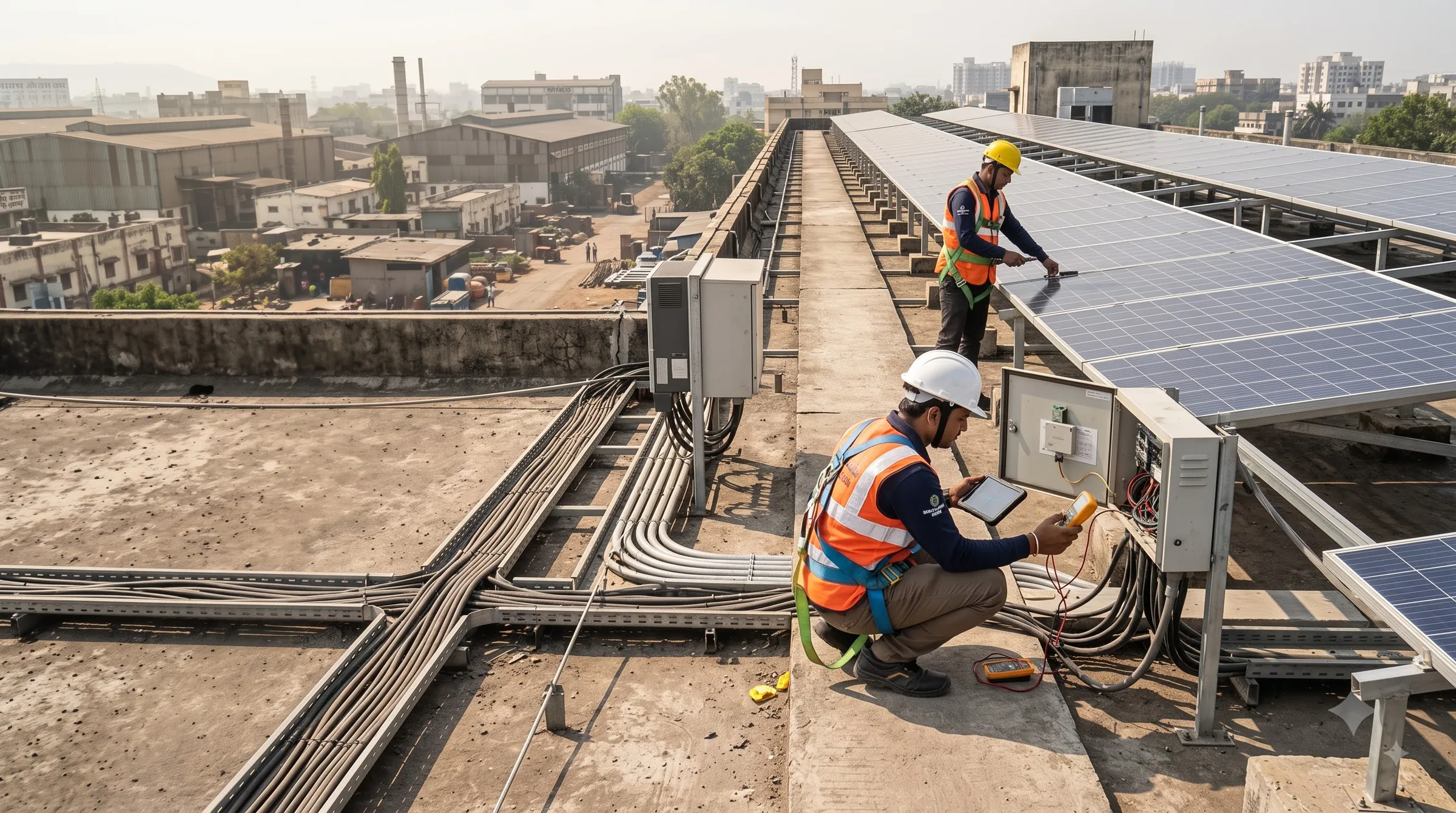 Engineers working along a rooftop array on an industrial building, with cable trays running between the rows