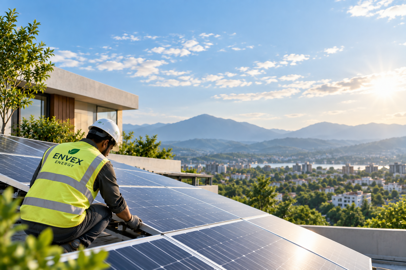 An Envex Energy technician fitting rooftop solar panels on a home overlooking a valley