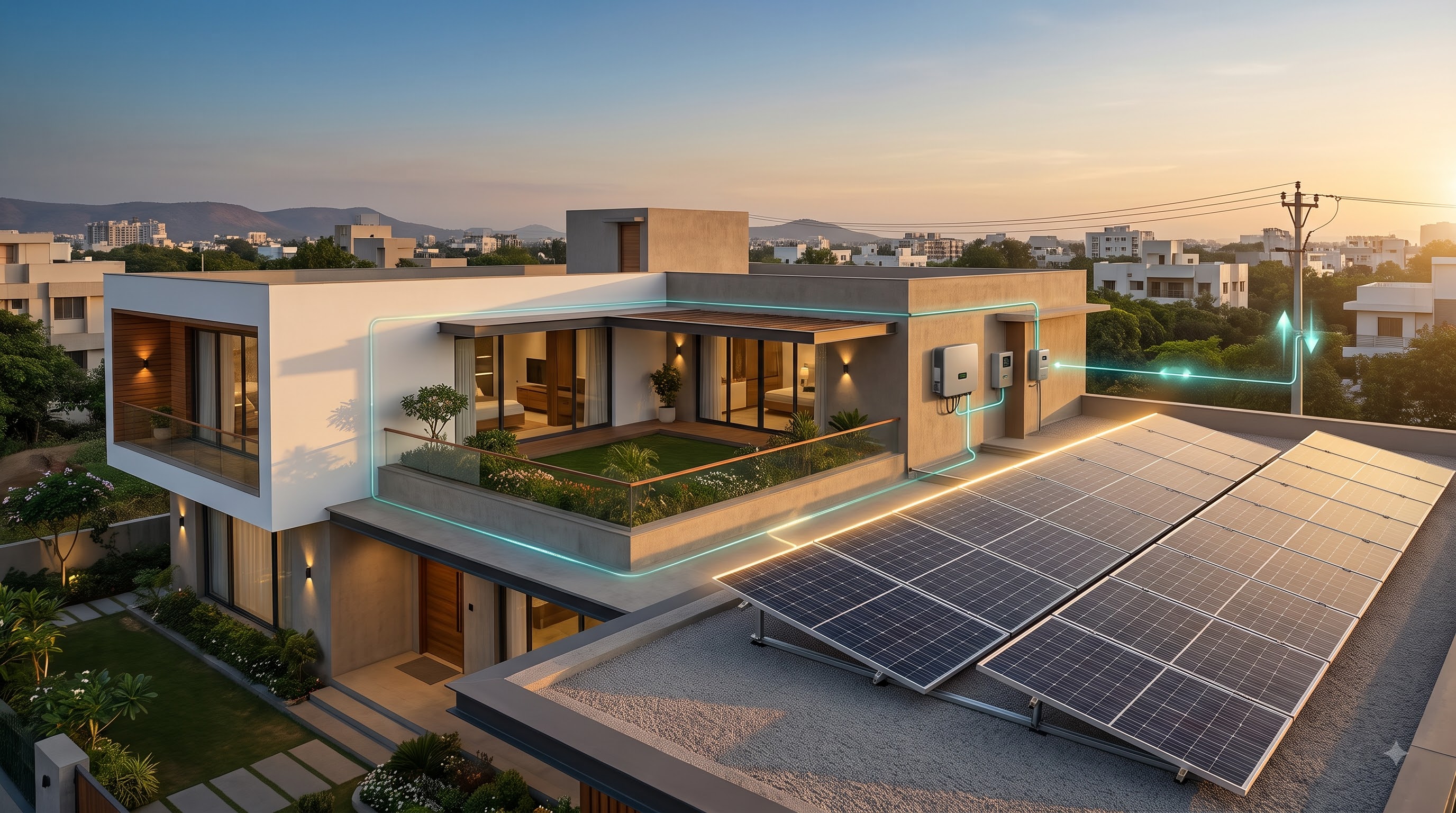 A grid-connected home at dusk, its rooftop array working alongside the street supply